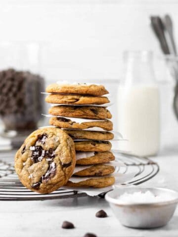 stack of Brown Butter Chocolate Chip Cookies - soft, chewy, and delicious topped with flaky sea salt