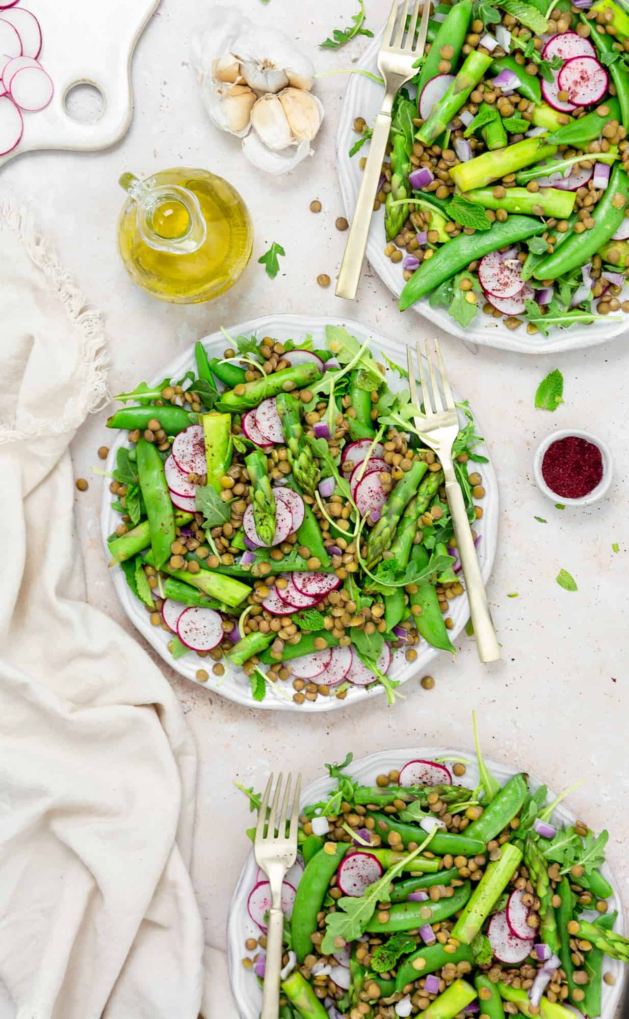 warm Spring Lentil Salad  with Asparagus, radishes, snap peas, arugula, mint leaves, lemon juice, lentils on a plate.