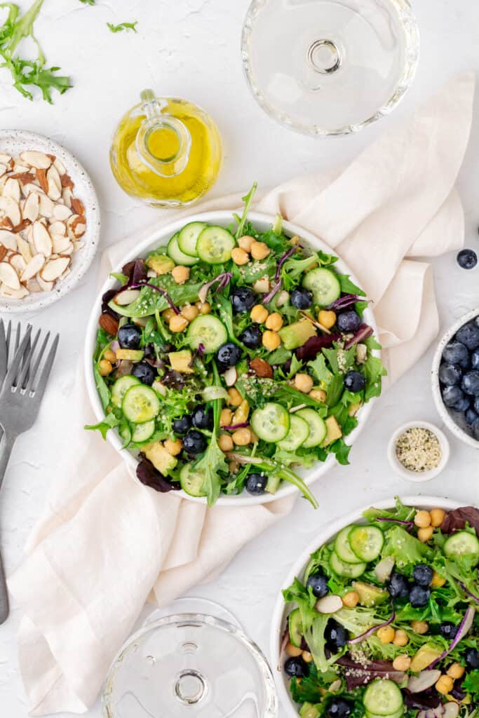 tablescape of blueberry chickpea salad