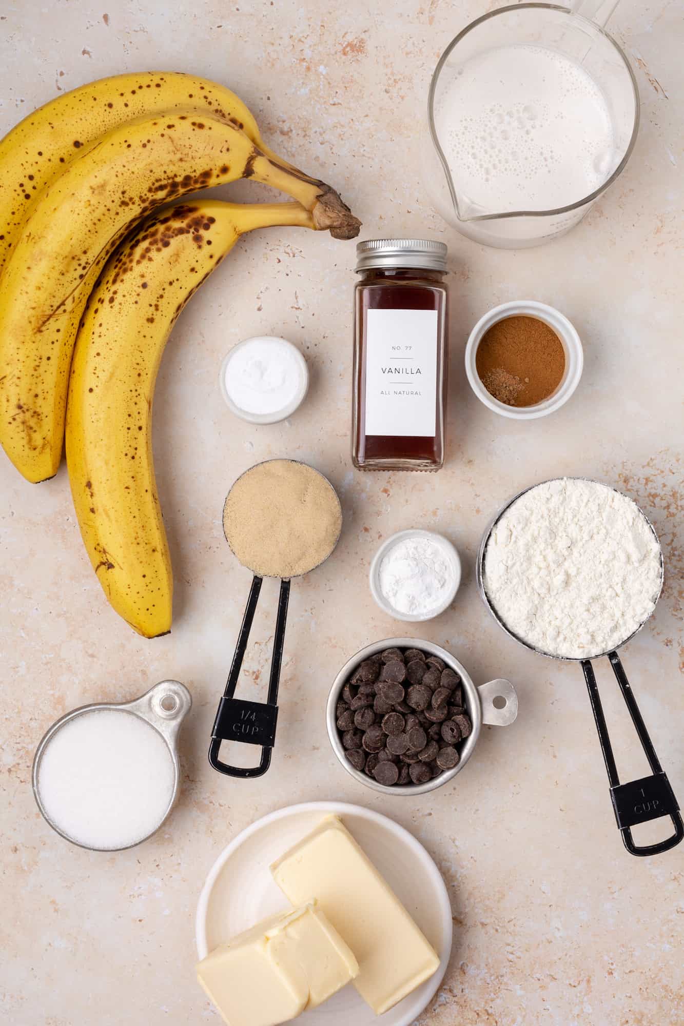 ingredients for vegan chocolate chip banana bread