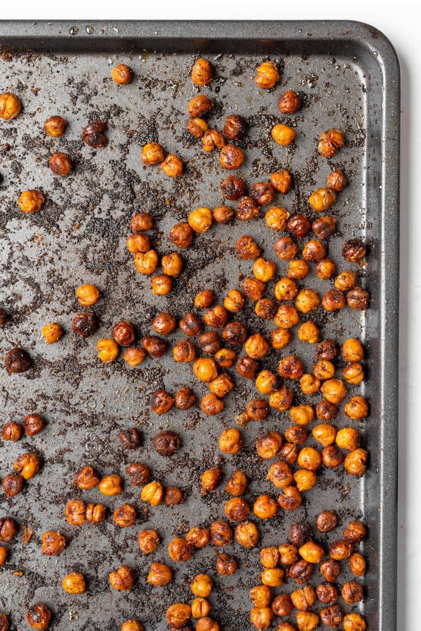 roasted chickpeas on a baking sheet
