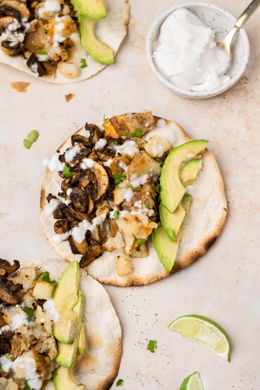 vegan meatless tacos with mushrooms and potatoes