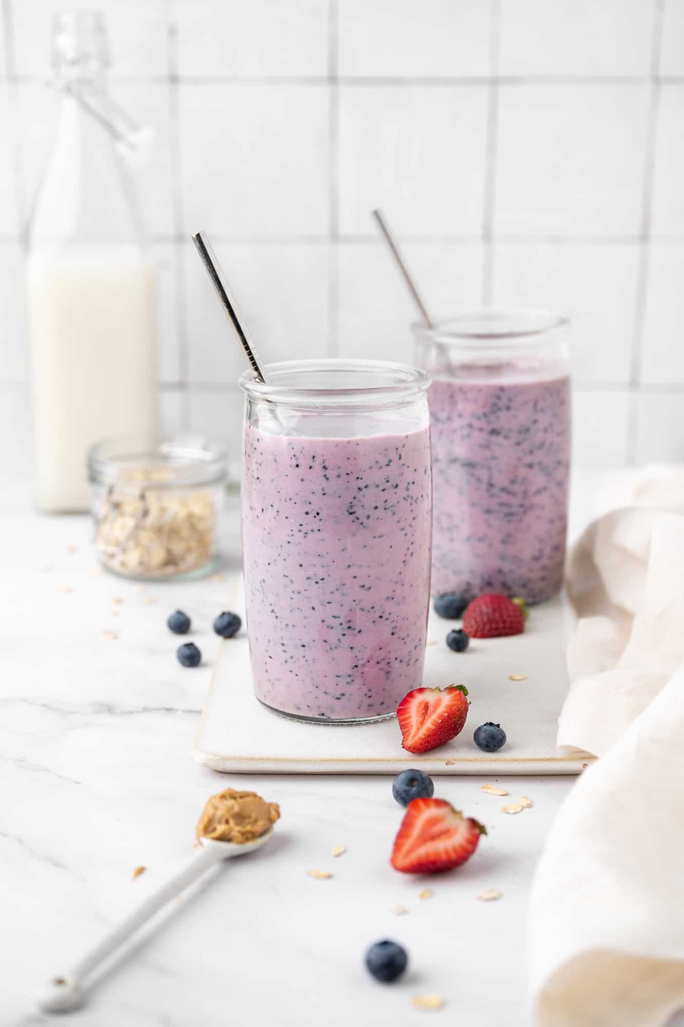 peanut butter & jelly smoothie in a glass