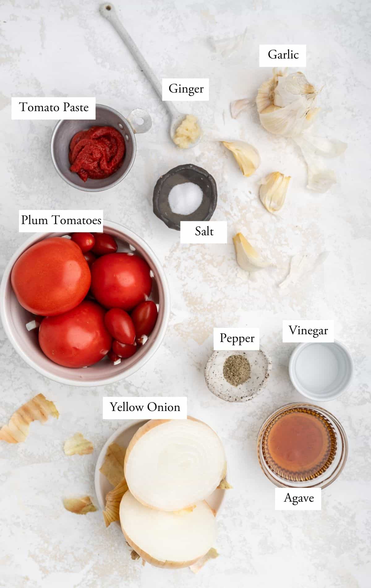 ingredients for homemade ketchup: tomatoes, tomato paste, onion, agave, pepper, vinegar, salt, ginger, garlic