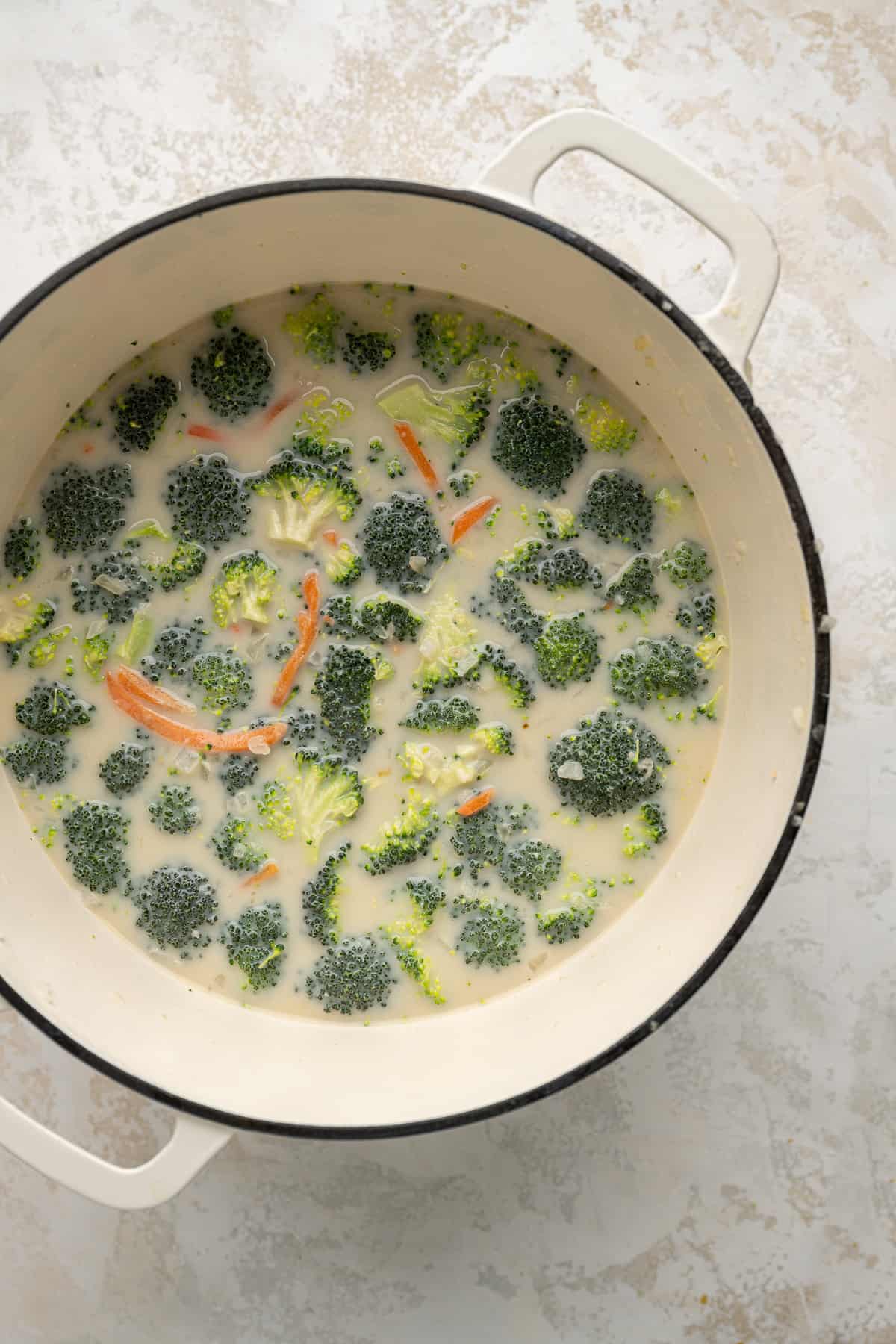 Broccoli cheddar soup in a white dutch oven pot.