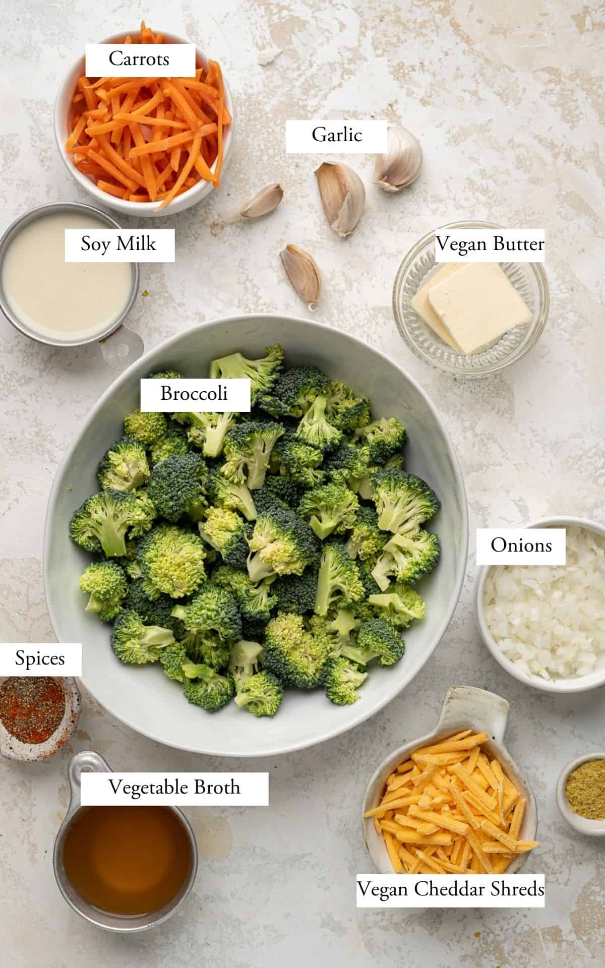 Broccoli cheddar soup ingredients laid out on a counter with labels.