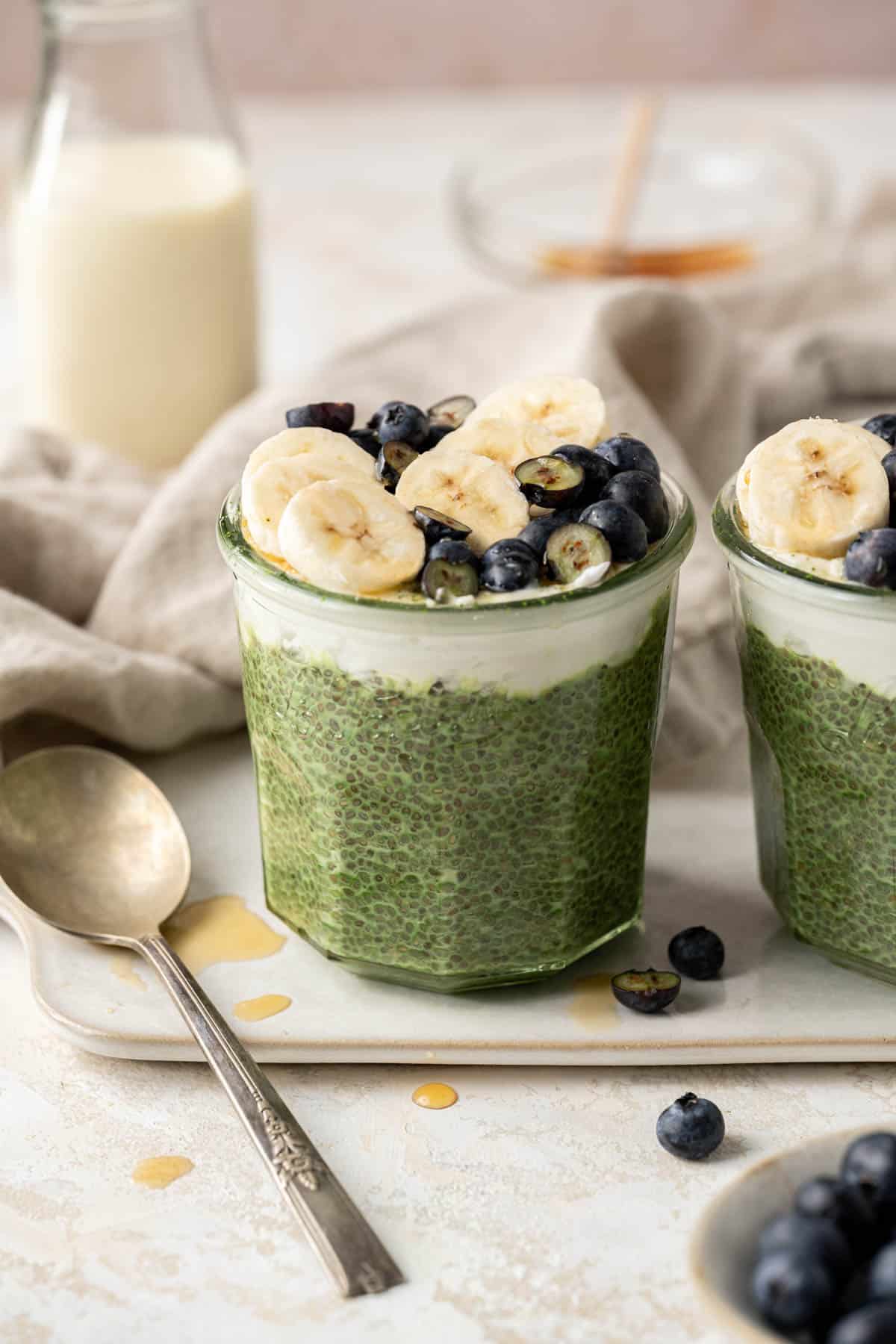 matcha pudding with toppings.