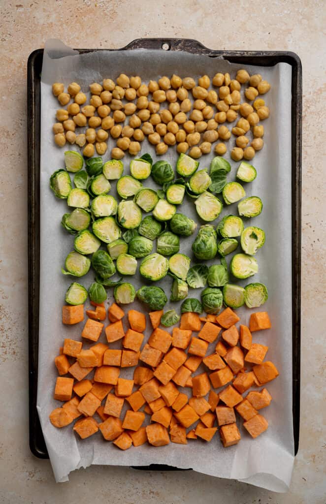 sweet potatoes, chickpeas, and brussel sprouts spread on a baking sheet