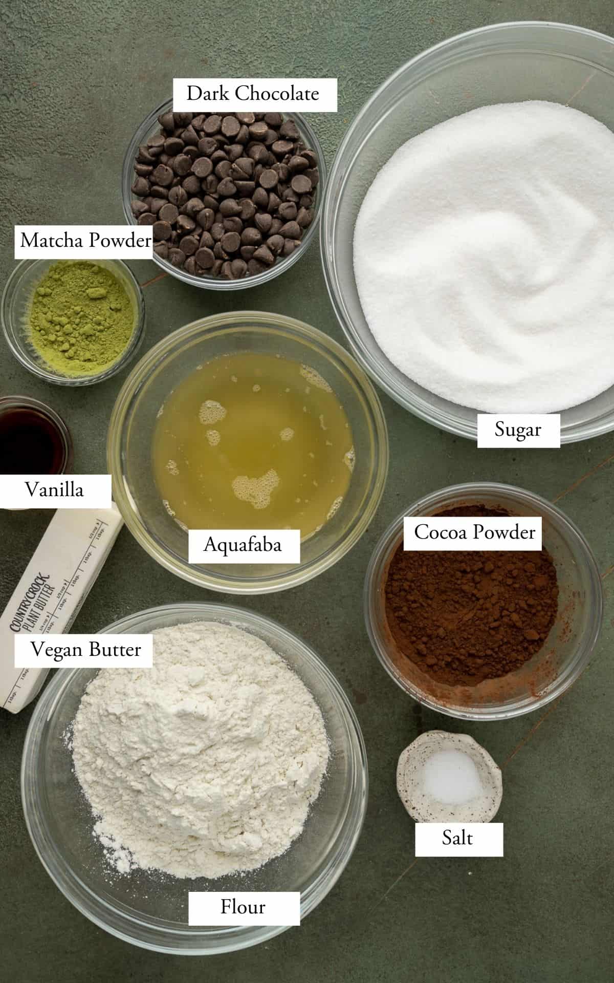 ingredients with labels for matcha brownies.