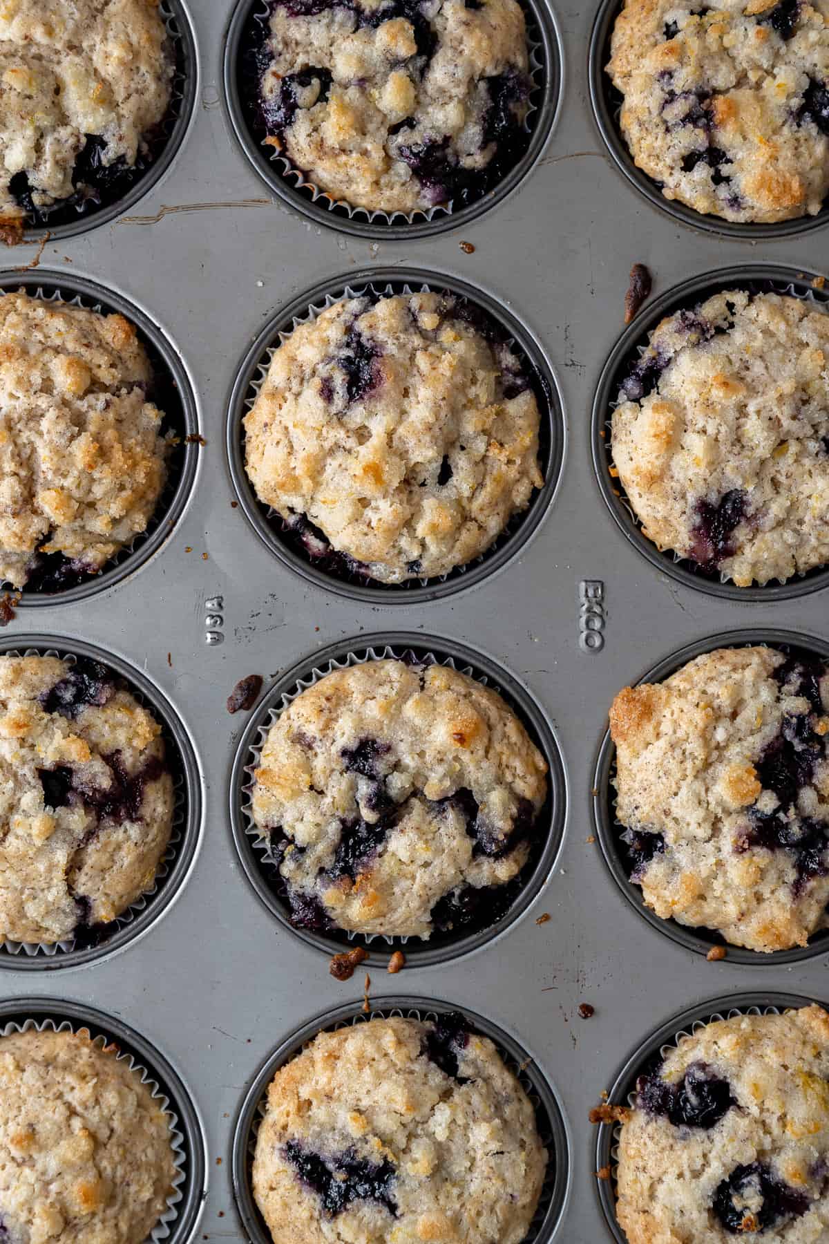 Baked lemon blueberry muffins in a muffin pan.