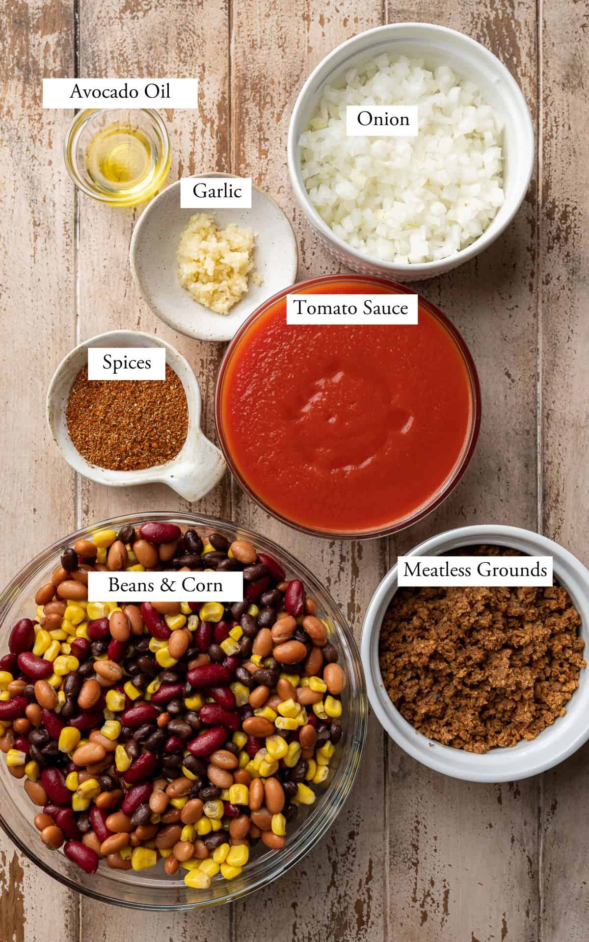 vegan chili ingredients in bowls.