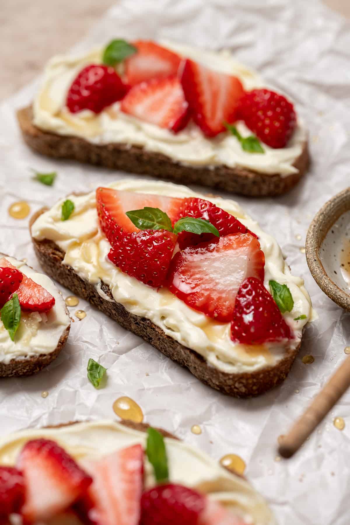 mascarpone toast with strawberries and basil.