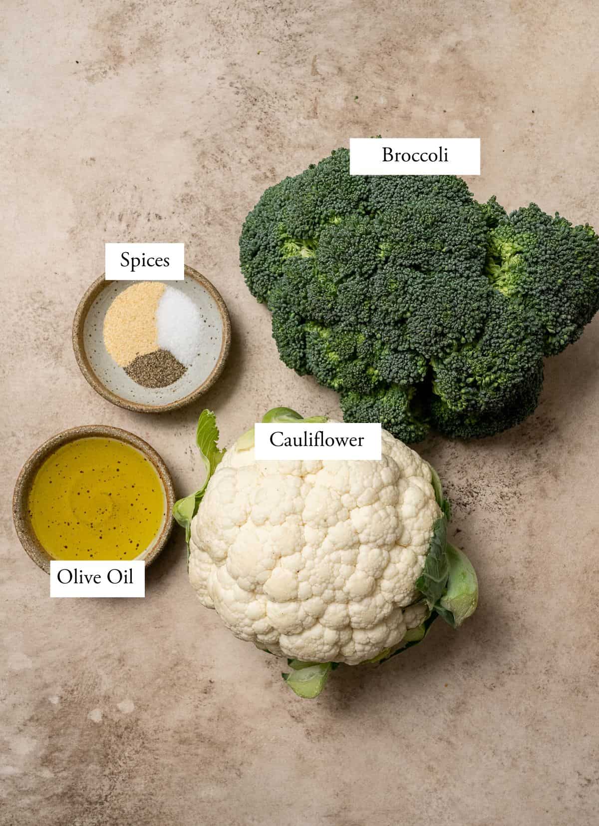 ingredients for air fryer broccoli and cauliflower, labeled.