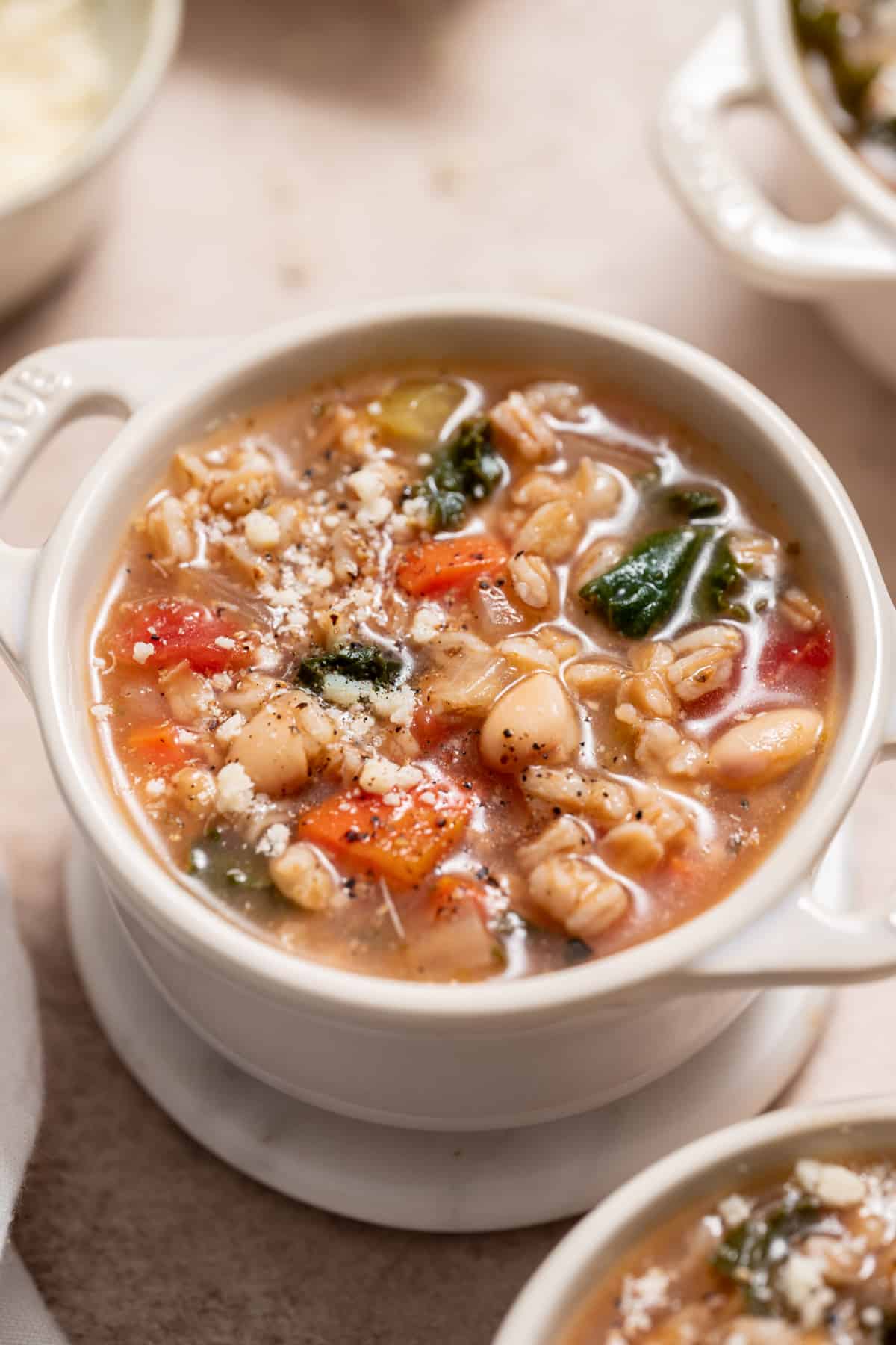 close up of tuscan farro soup.