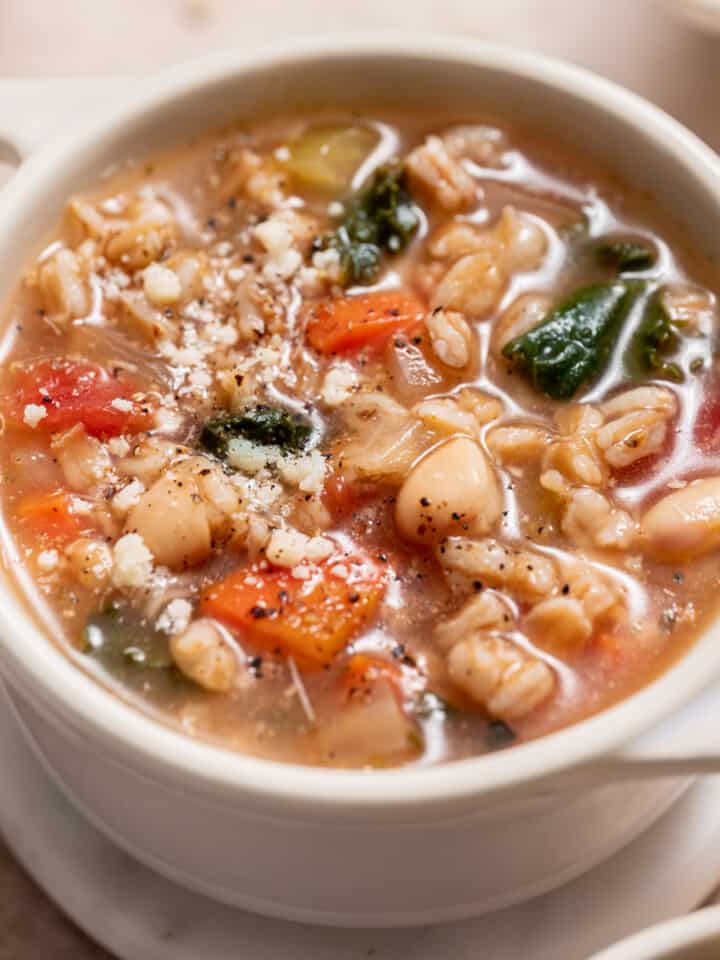 close up of tuscan farro soup.