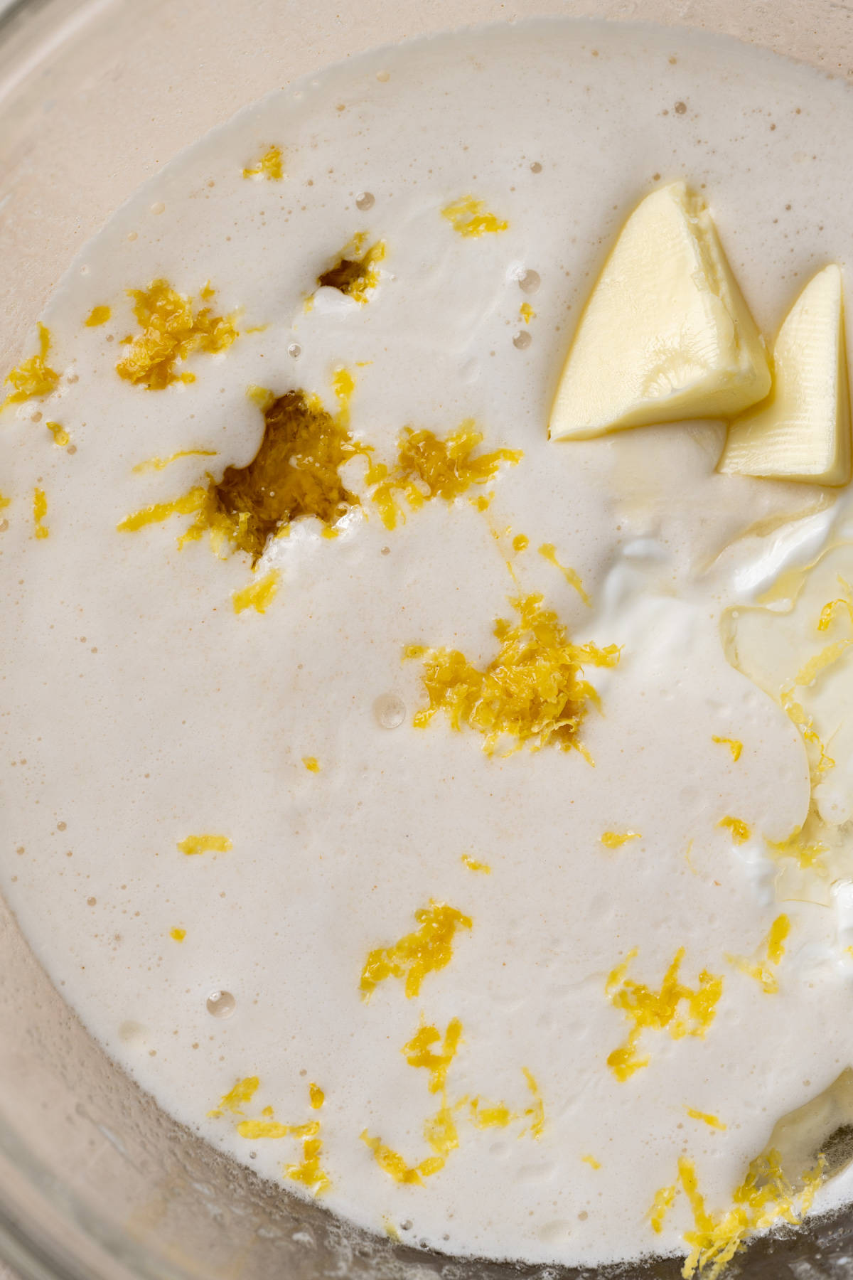 wet ingredients for polenta cake in a bowl.