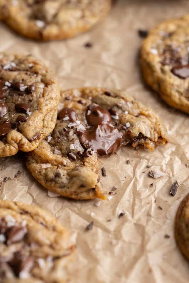vegan banana chocolate chip cookies with a bite taken out.