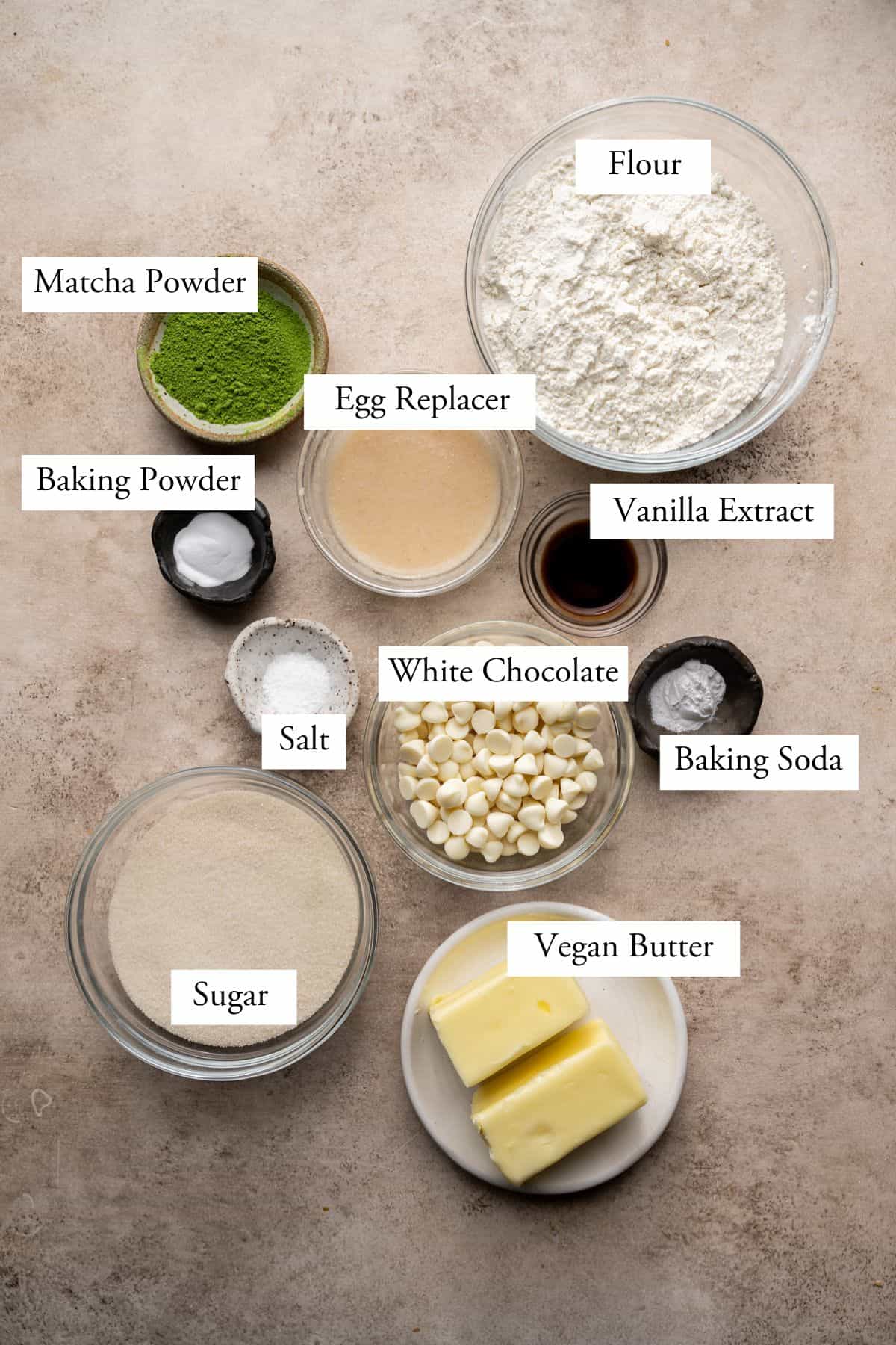 Labeled ingredients for vegan matcha cookies.