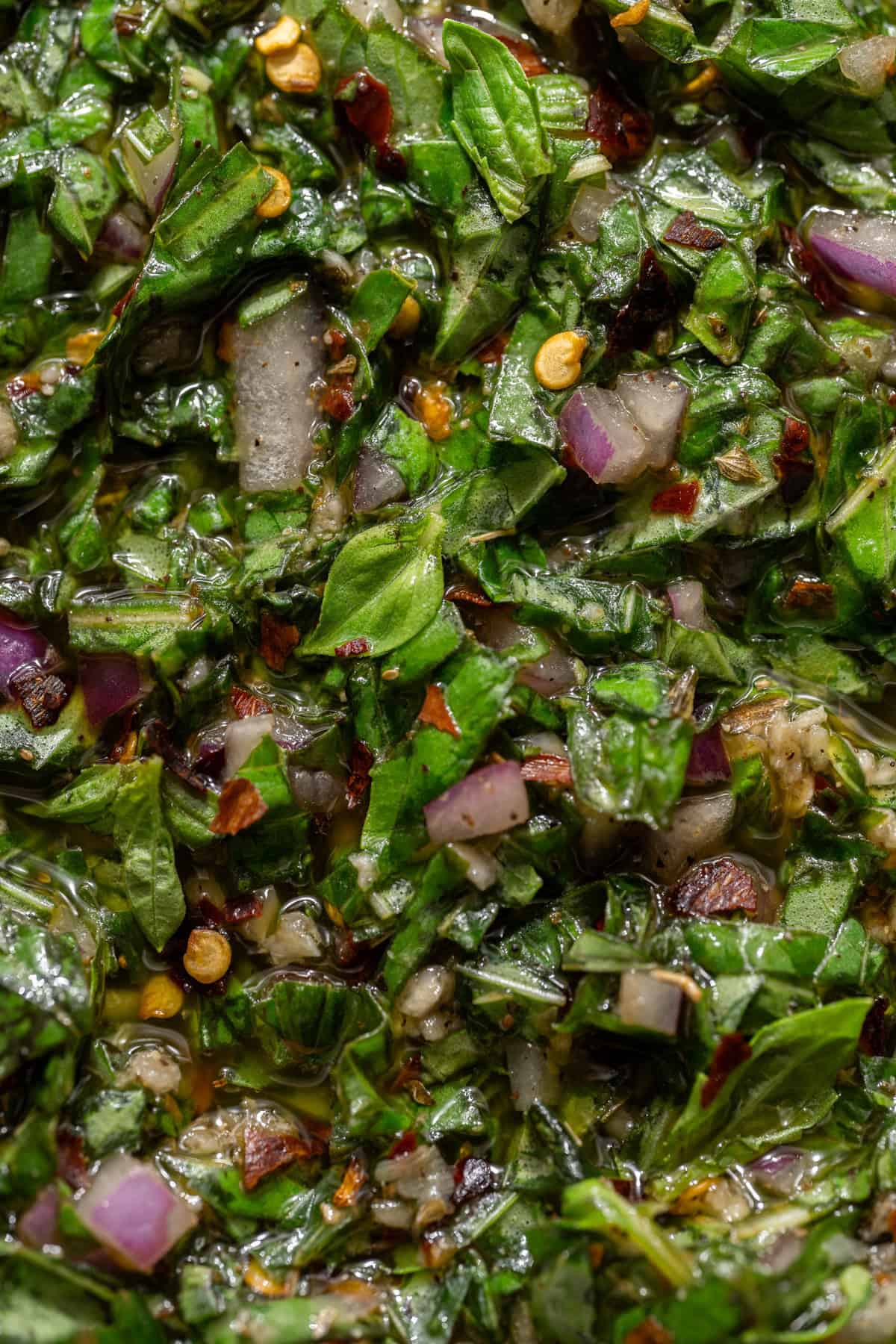 close up of basil chimichurri.