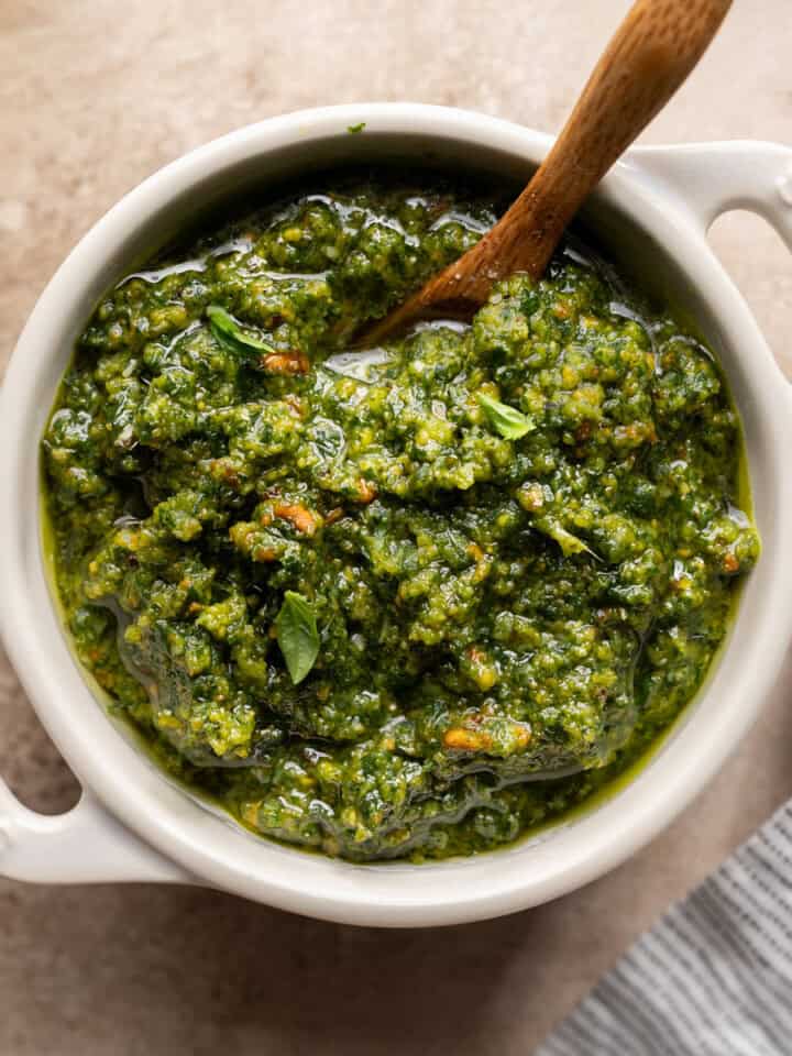 pistachio pesto in a bowl.